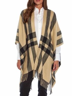 NEW Banana Republic Beige and Black Plaid Fringe Poncho
